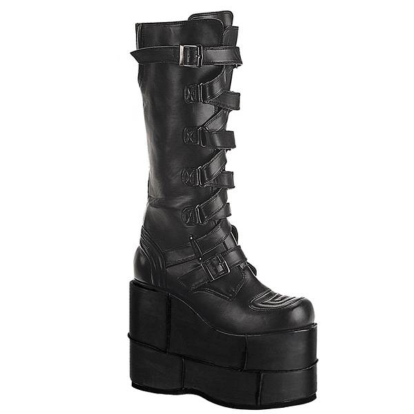 Demonia Women's Stack-308 Knee High Platform Boots - Black Vegan Leather D1264-89US Clearance
